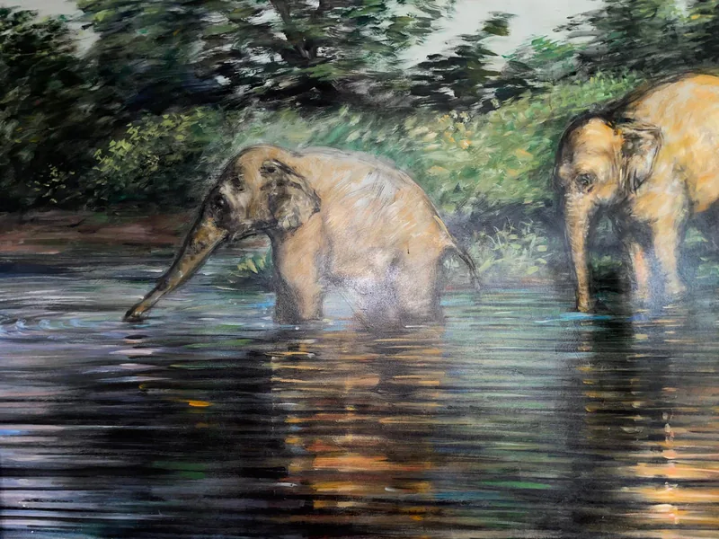 Gemälde mit Elefanten im Wasser im Gastraum des Mount Lavinia