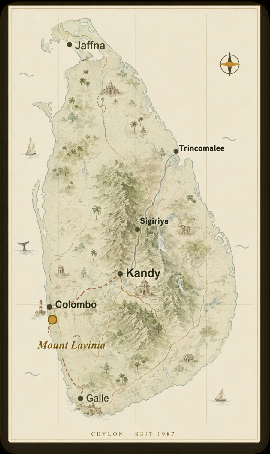 Karte von Sri Lanka mit Colombo, Kandy, Galle und Mount Lavinia