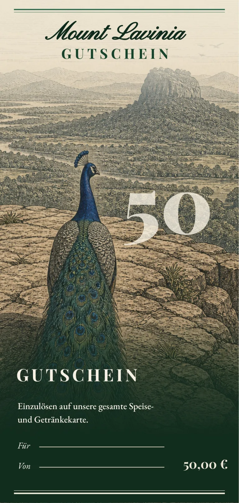 Gutschein 50 € mit Pfau-Motiv